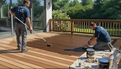 Worcester, MA deck staining service by Worcester Paint Pros protecting wood decks from weather